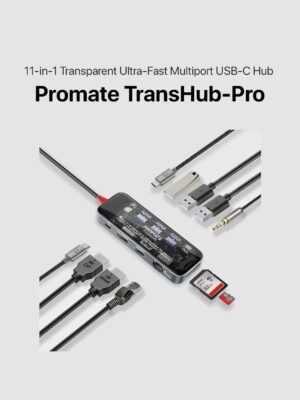 Promate TransHub-Pro - 11-in-1 Transparent Ultra-Fast Multiport USB-C Hub with 100W Power Delivery
