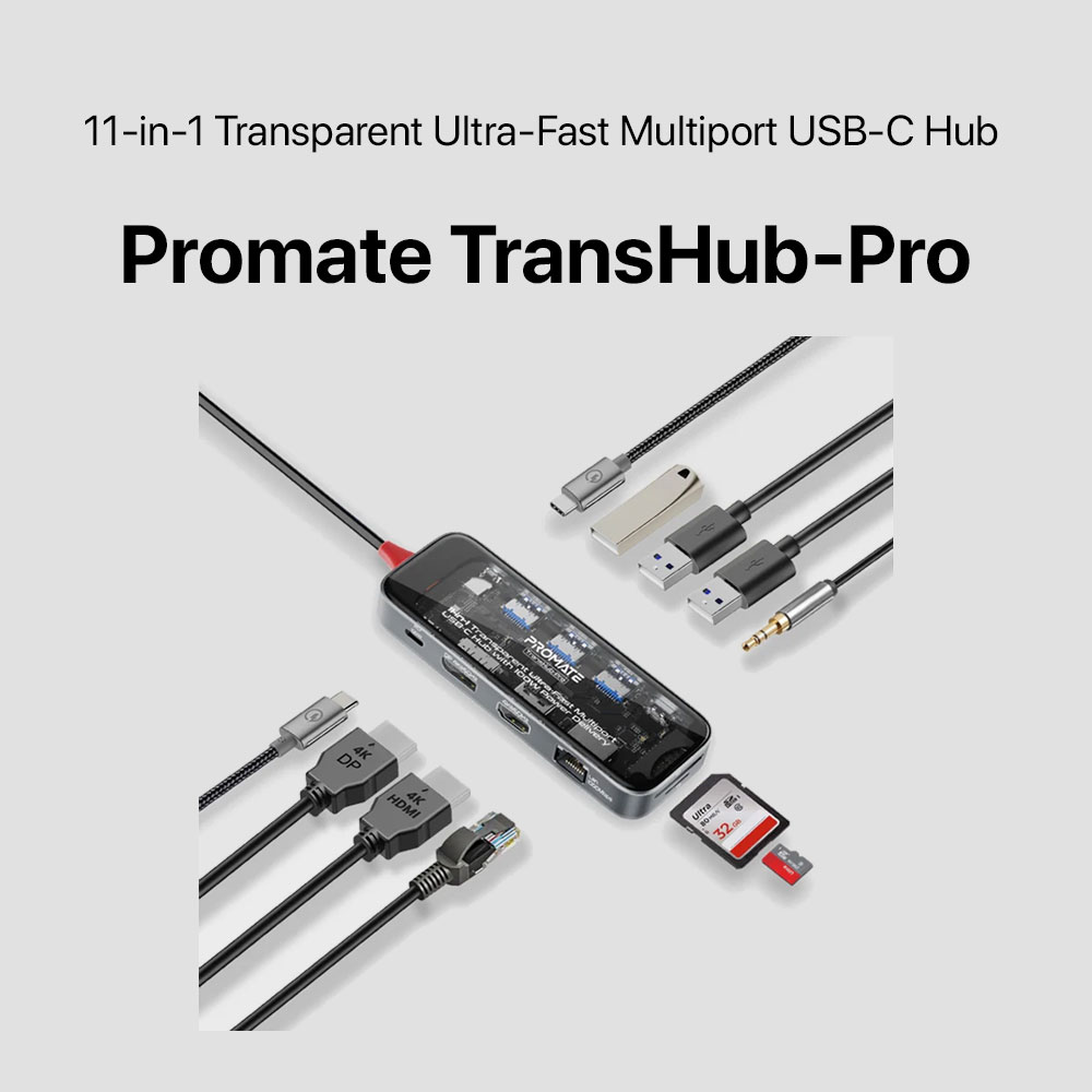 Promate TransHub-Pro - 11-in-1 Transparent Ultra-Fast Multiport USB-C Hub with 100W Power Delivery - Image 5
