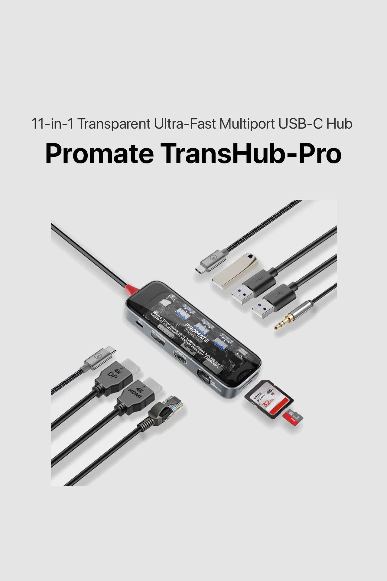 Promate TransHub-Pro - 11-in-1 Transparent Ultra-Fast Multiport USB-C Hub with 100W Power Delivery