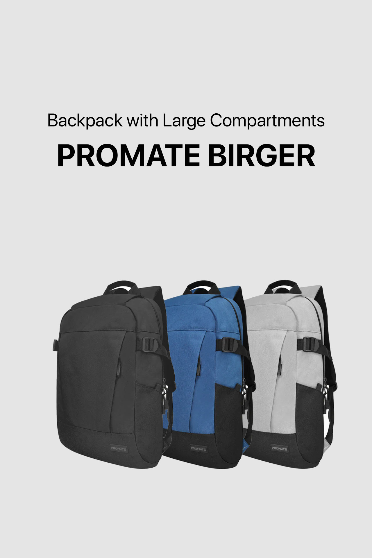 Promate Birger 15.6" ComfortStyle™ Laptop Backpack with Large Compartments